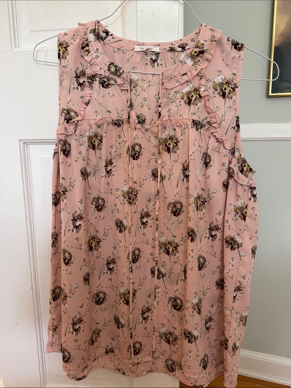 Pleione Pink Floral Sleeveless Ruffle-Yoke Blouse